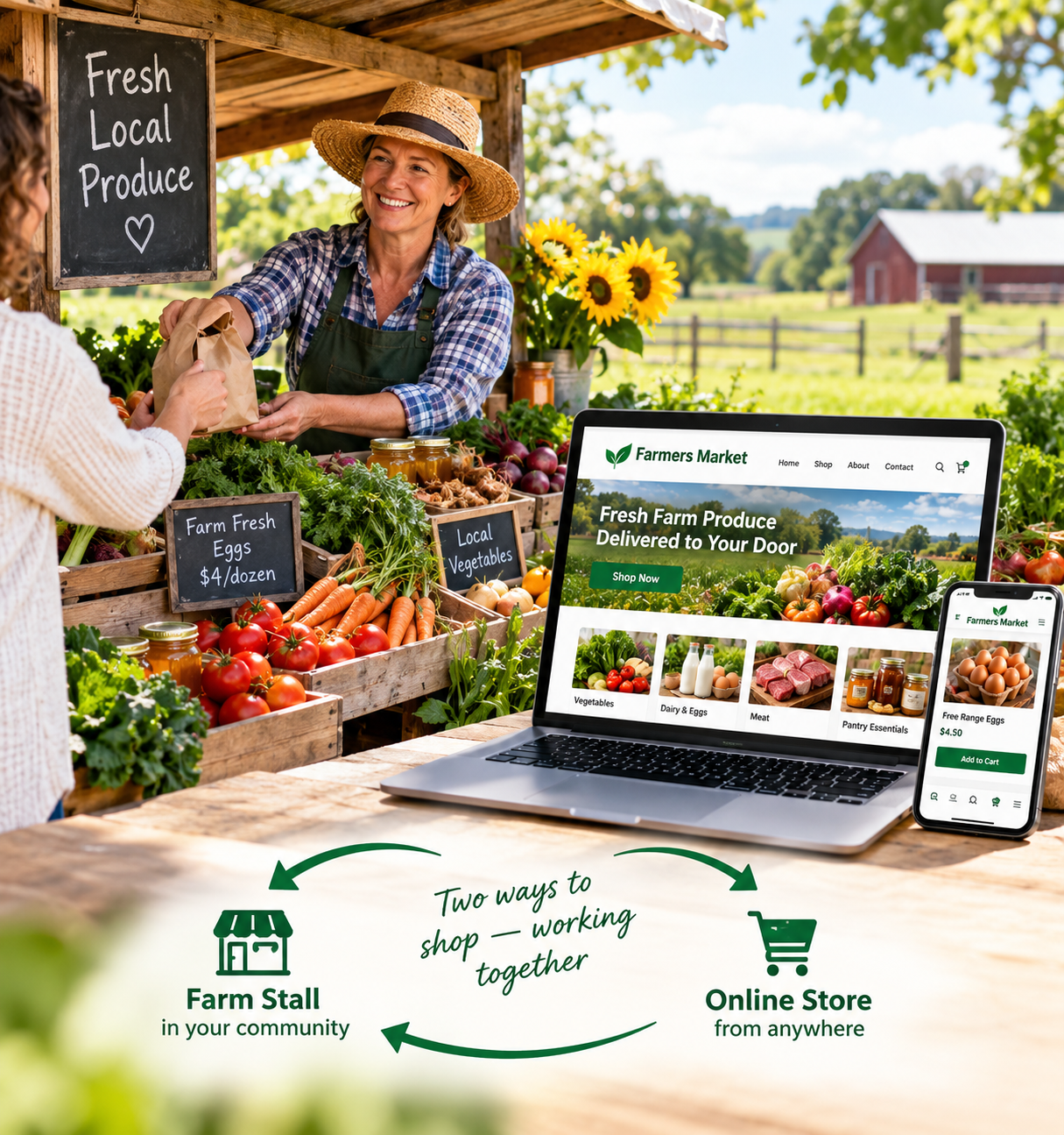 Farm stall selling fresh local produce alongside an online farm store